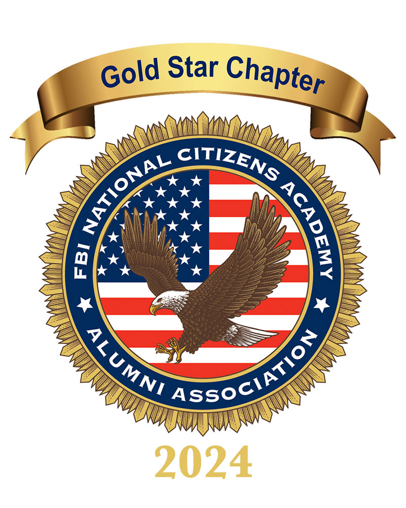Graphic of a circular seal in gold, blue, and red. An eagle in flight is depicted in the middle against a field of the United States flag. Words around the seal say "FBI Citizens Academy Alumni Association". Above it is says Gold Star Chapter, and below it says 2024.
